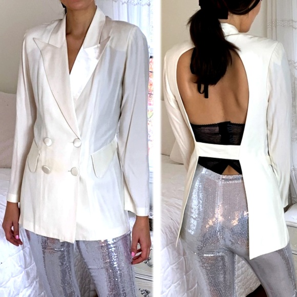 Vintage White Satin Backless Tuxedo Blazer Elvis